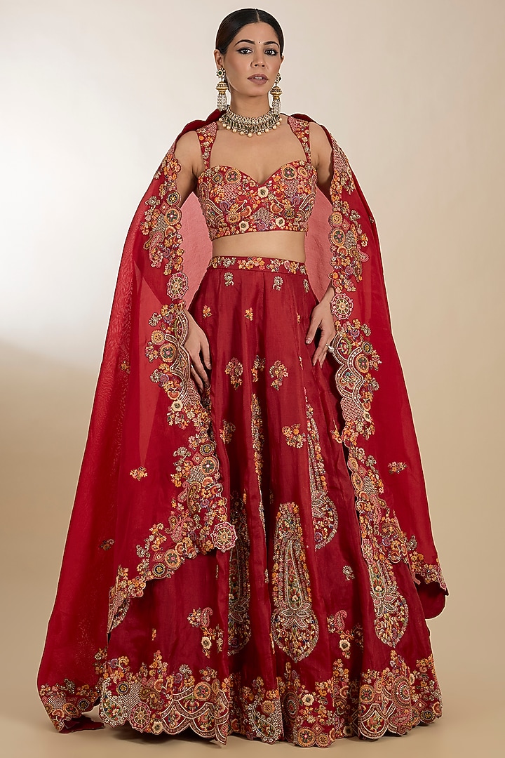 Red Organza Cutwork Embroidered Bridal Lehenga Set by Petticoat Lane at Pernia's Pop Up Shop