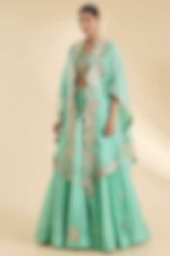 Cyan Blue Organza Patchwork Cape Set by Petticoat Lane at Pernia's Pop Up Shop