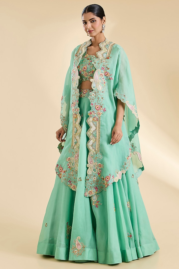 Cyan Blue Organza Patchwork Cape Set by Petticoat Lane at Pernia's Pop Up Shop