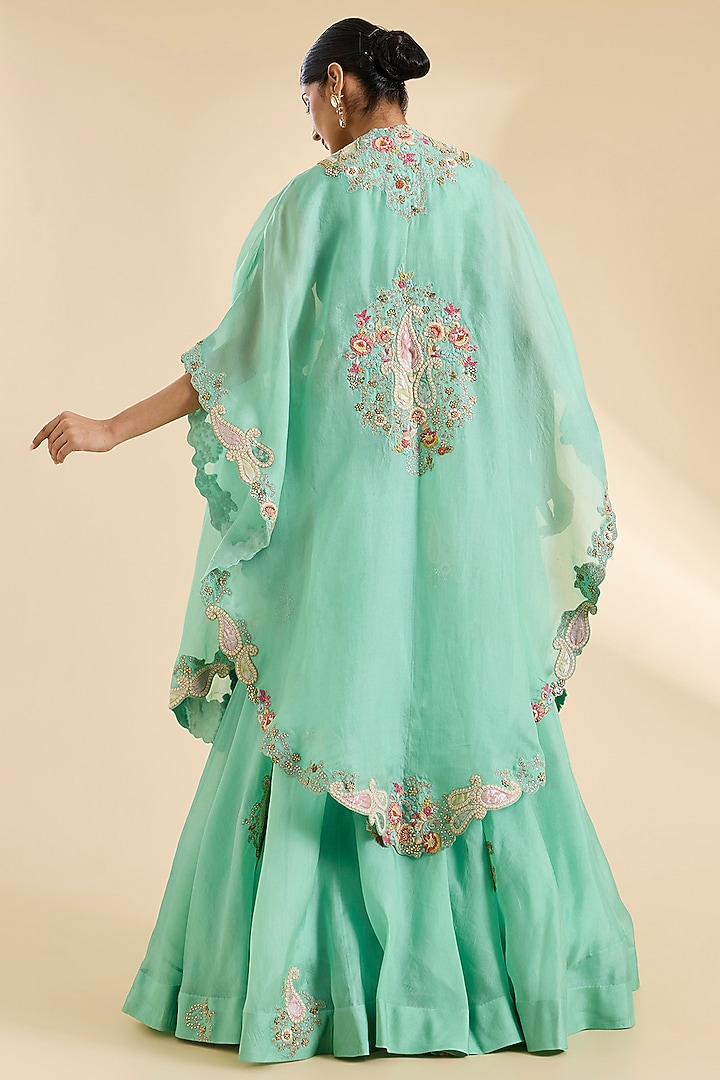 Cyan Blue Organza Patchwork Cape Set by Petticoat Lane at Pernia's Pop Up Shop