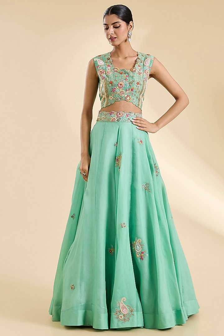 Cyan Blue Organza Patchwork Cape Set by Petticoat Lane at Pernia's Pop Up Shop