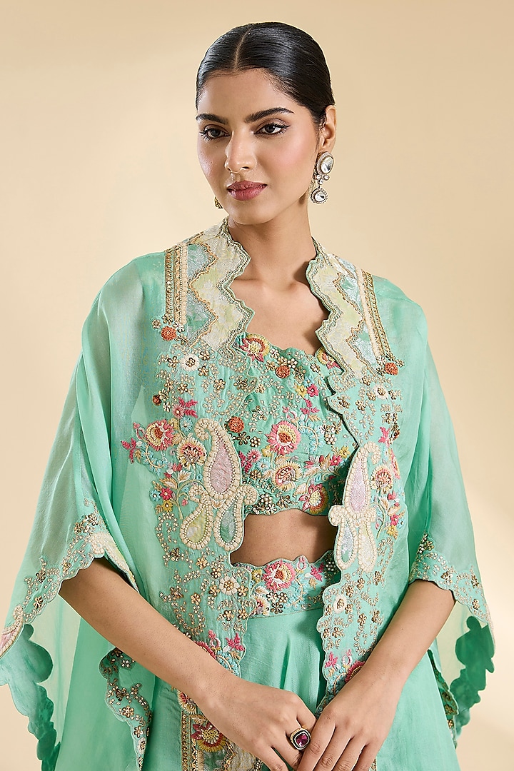 Cyan Blue Organza Patchwork Cape Set by Petticoat Lane at Pernia's Pop Up Shop