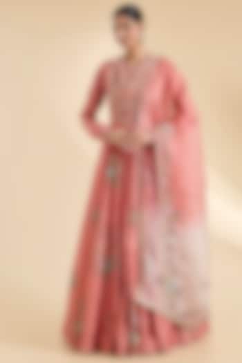 Peach Chanderi Hand & Machine Embroidered Kalidar Bridal Anarkali Set by Petticoat Lane at Pernia's Pop Up Shop