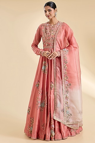 Peach Chanderi Hand & Machine Embroidered Kalidar Anarkali Set by Petticoat Lane