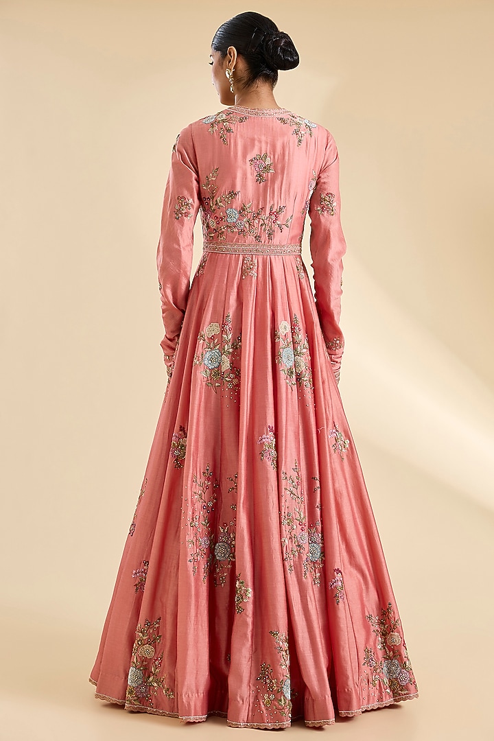Peach Chanderi Hand & Machine Embroidered Kalidar Bridal Anarkali Set by Petticoat Lane at Pernia's Pop Up Shop