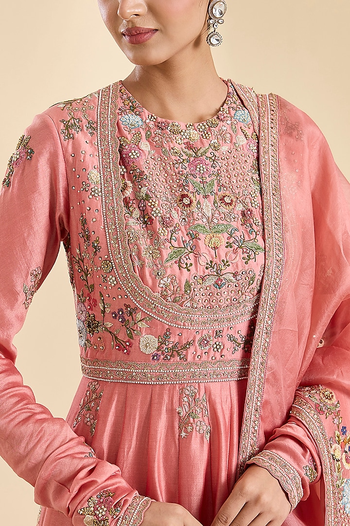 Peach Chanderi Hand & Machine Embroidered Kalidar Bridal Anarkali Set by Petticoat Lane at Pernia's Pop Up Shop