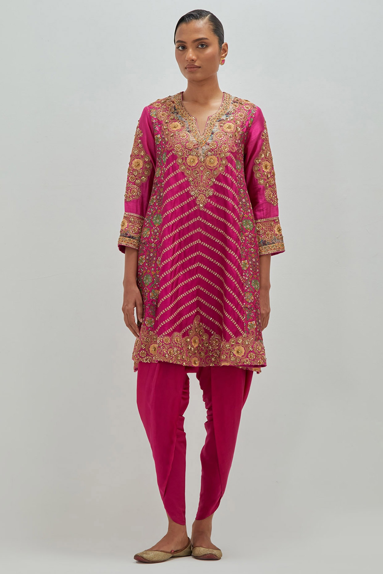 Petticoat Lane Hot Pink Dupion Printed Phiren Kurta Set