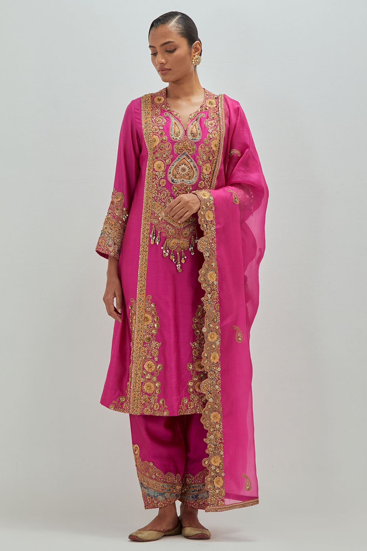Petticoat Lane Hot Pink Chanderi Embroidered A-Line Kurta Set