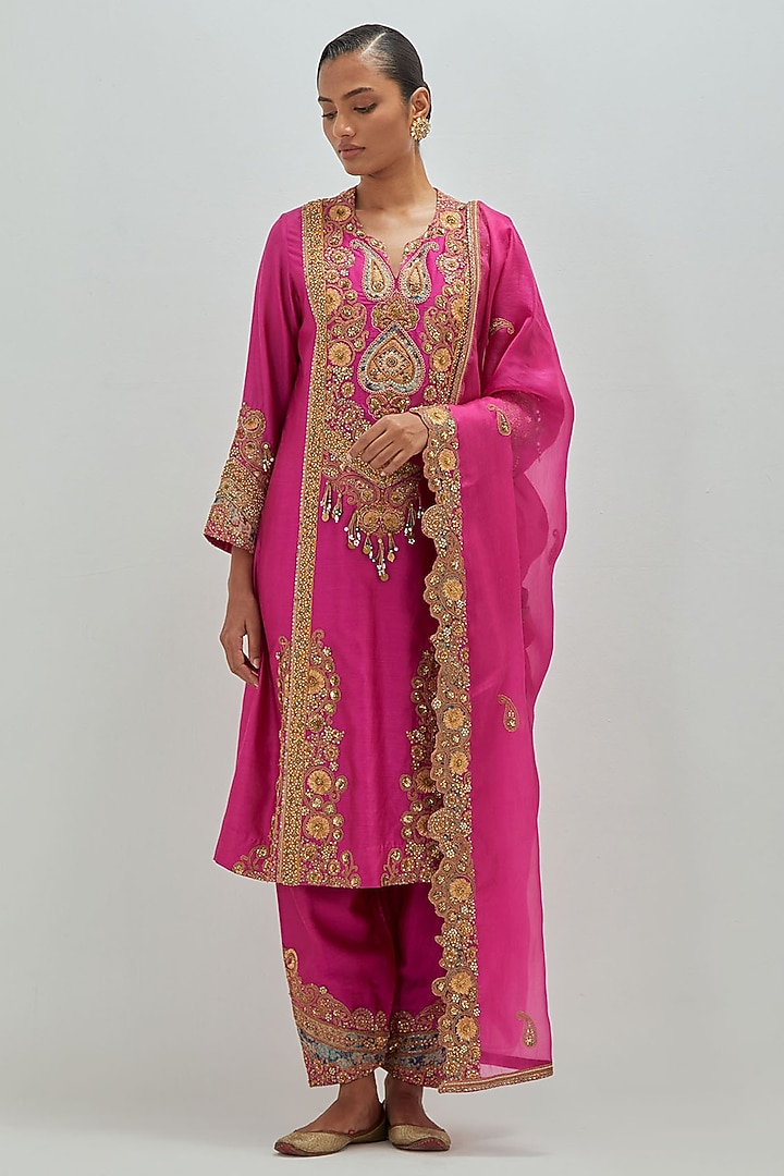 Hot Pink Chanderi Embroidered A-Line Kurta Set by Petticoat Lane at Pernia's Pop Up Shop