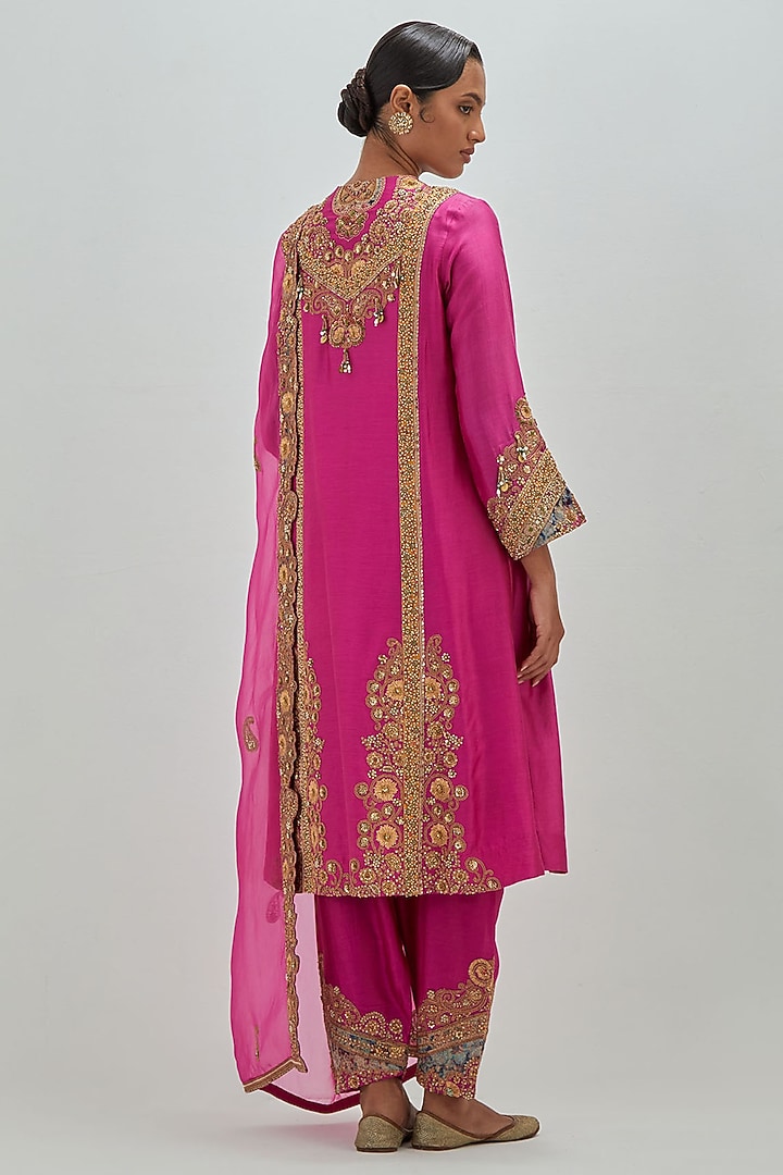 Hot Pink Chanderi Embroidered A-Line Kurta Set by Petticoat Lane at Pernia's Pop Up Shop