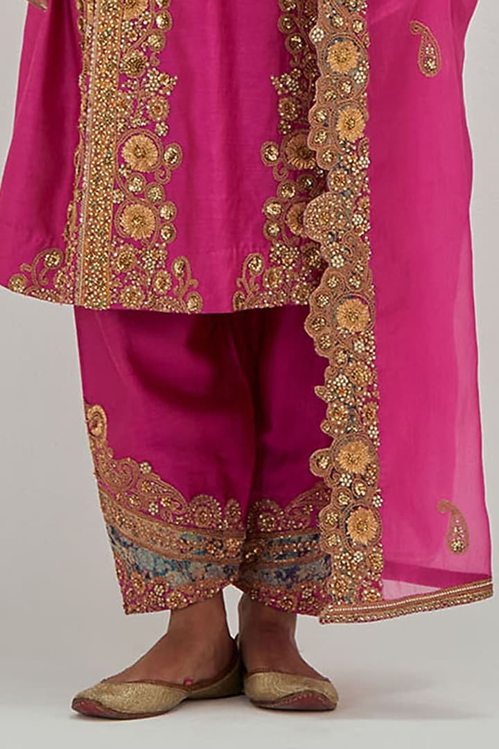 Hot Pink Chanderi Embroidered A-Line Kurta Set by Petticoat Lane at Pernia's Pop Up Shop