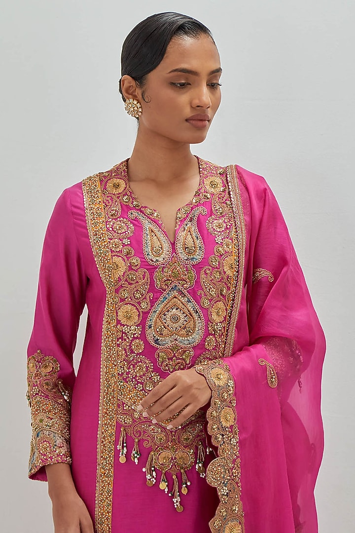 Hot Pink Chanderi Embroidered A-Line Kurta Set by Petticoat Lane at Pernia's Pop Up Shop