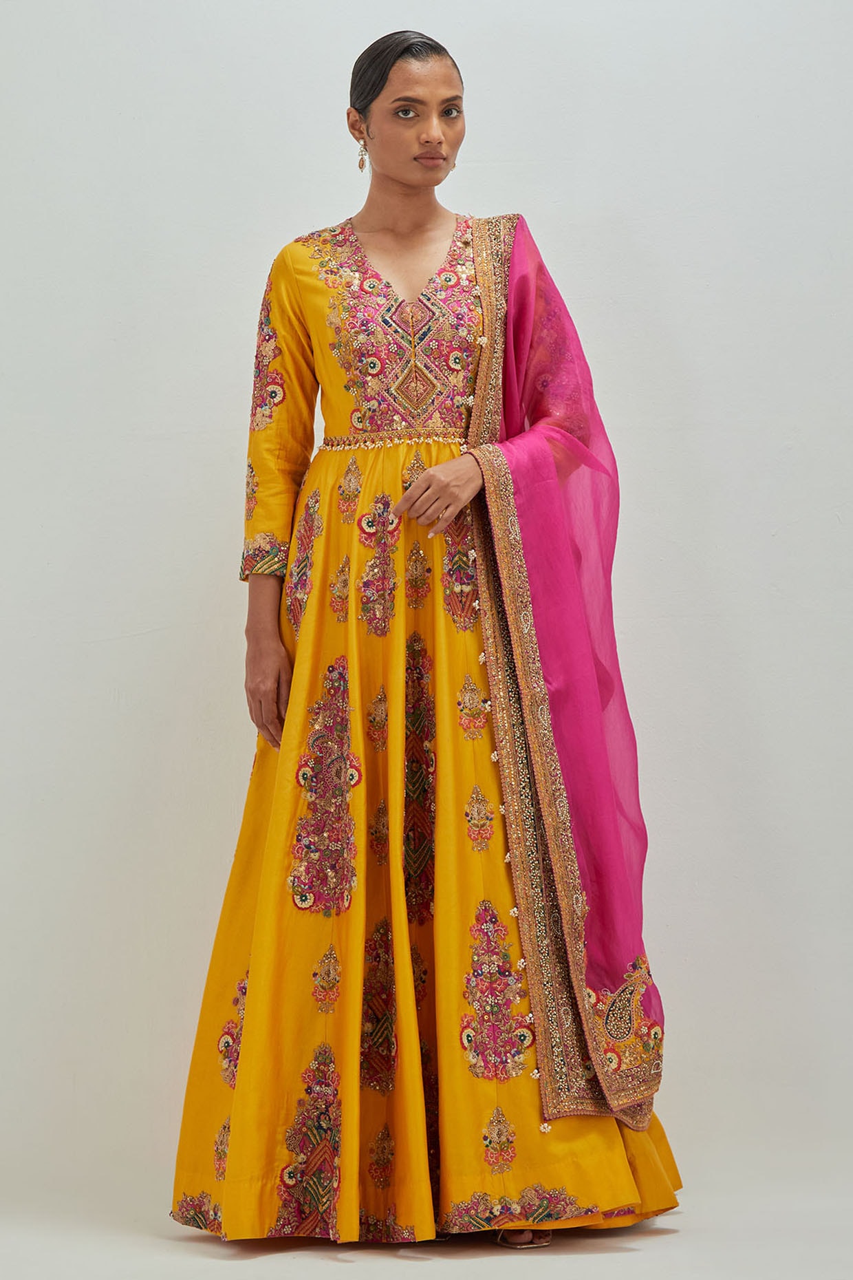 Petticoat Lane Mustard Chanderi Kalidar Anarkali With Dupatta