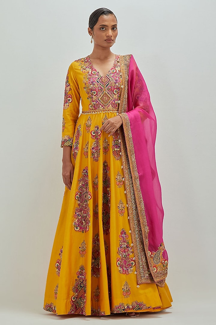 Mustard Chanderi Kalidar Bridal Anarkali With Dupatta by Petticoat Lane at Pernia's Pop Up Shop