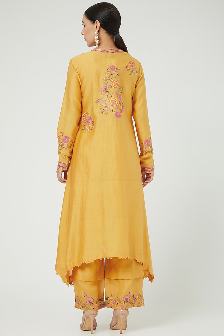 Mustard Asymmetrical Kurta Set With Embroidery by Petticoat Lane at Pernia's Pop Up Shop