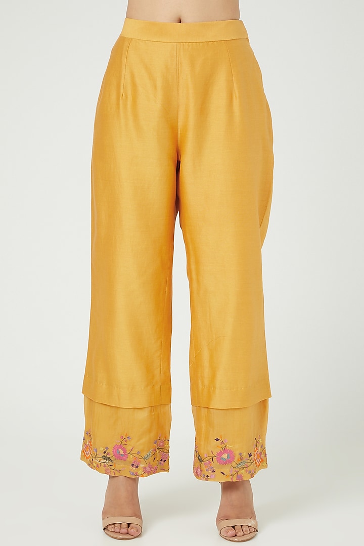 Mustard Asymmetrical Kurta Set With Embroidery by Petticoat Lane at Pernia's Pop Up Shop