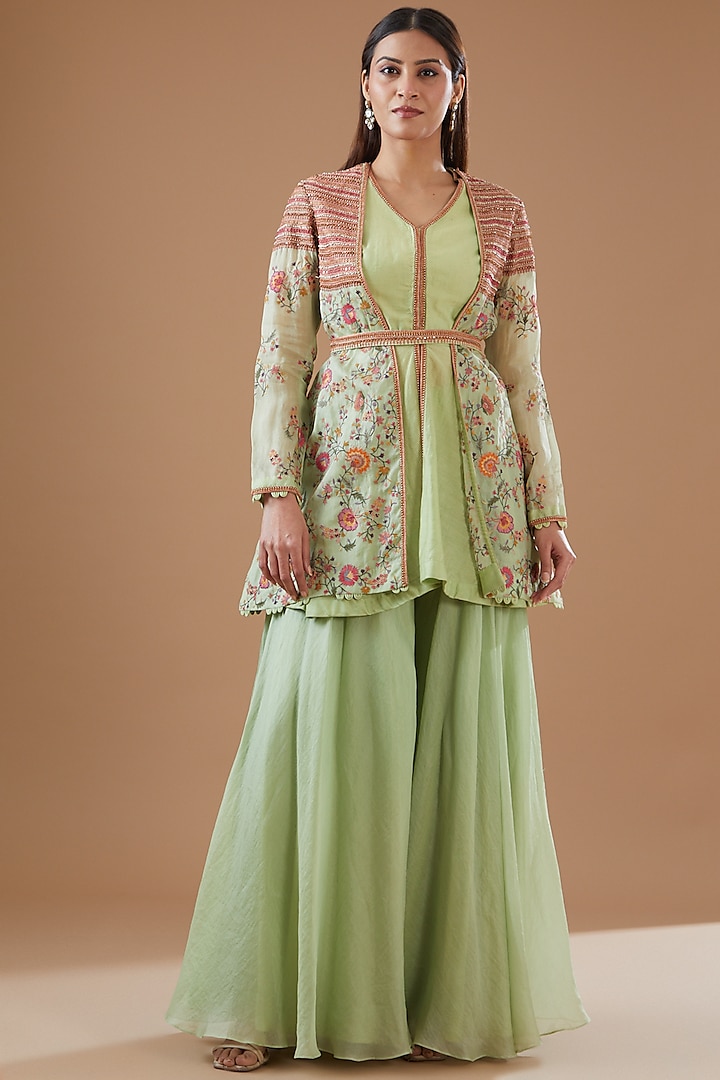 Green Chanderi Silk Sharara Set by Petticoat Lane at Pernia's Pop Up Shop