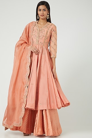 Peach & Gold Brocade Sharara Set by Petticoat Lane