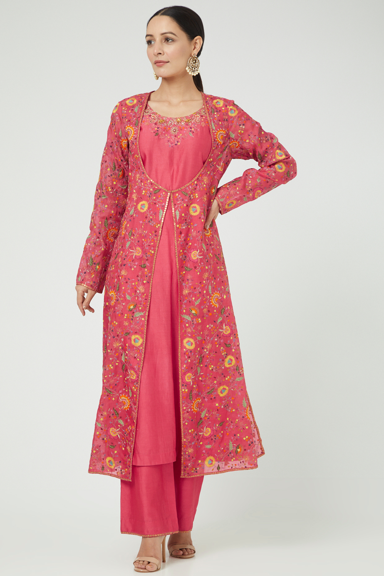 Tomato Red Embroidered Jacket Set by Petticoat Lane at Pernia's Pop Up Shop