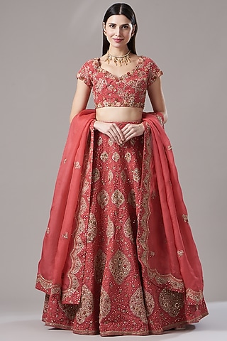 Red Organza Shimmer Lehenga Set by Petticoat Lane