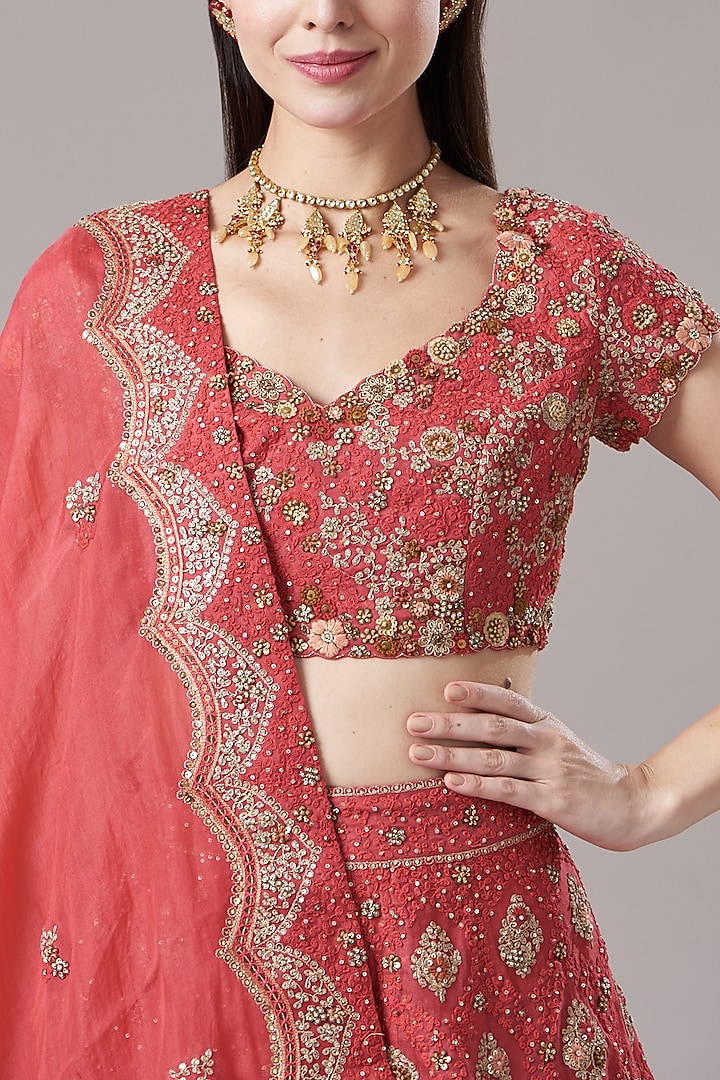 Red Organza Shimmer Bridal Lehenga Set by Petticoat Lane at Pernia's Pop Up Shop