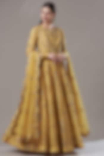 Yellow Organza Shimmer Anarkali Set by Petticoat Lane