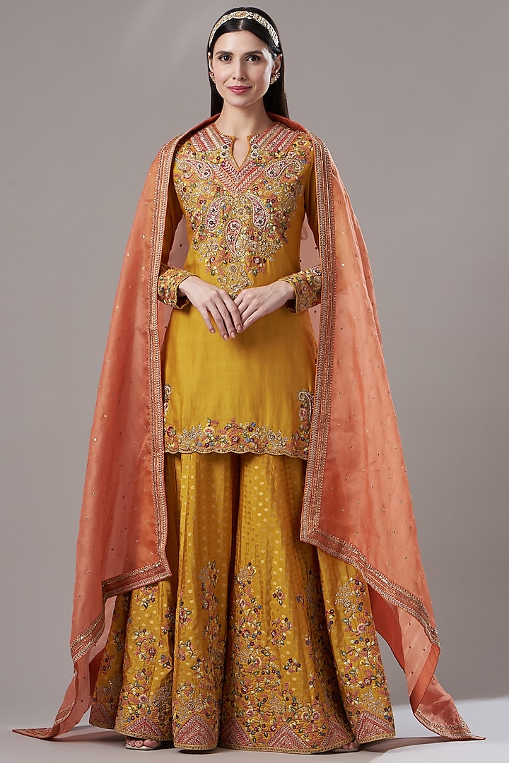 Yellow Embroidered Sharara Set by Petticoat Lane