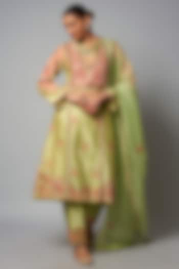 Green Chanderi & Organza Jamewar A-Line Kurta Set by Petticoat Lane at Pernia's Pop Up Shop