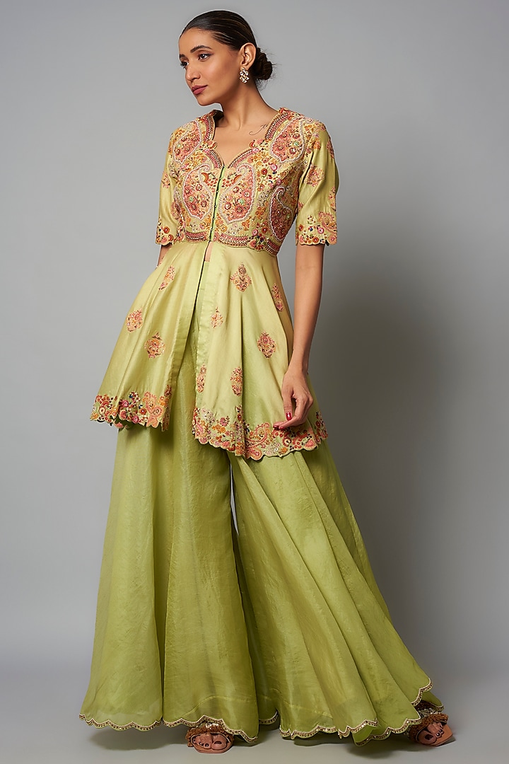 Green Chanderi & Organza Sharara Set by Petticoat Lane at Pernia's Pop Up Shop