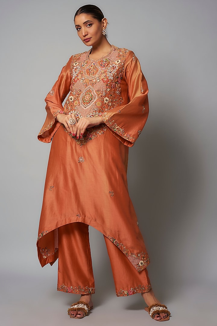 Rust Chanderi Asymmetric Kurta Set by Petticoat Lane at Pernia's Pop Up Shop