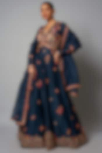 Blue Chanderi Hand & Machine Embroidered Anarkali Set by Petticoat Lane at Pernia's Pop Up Shop