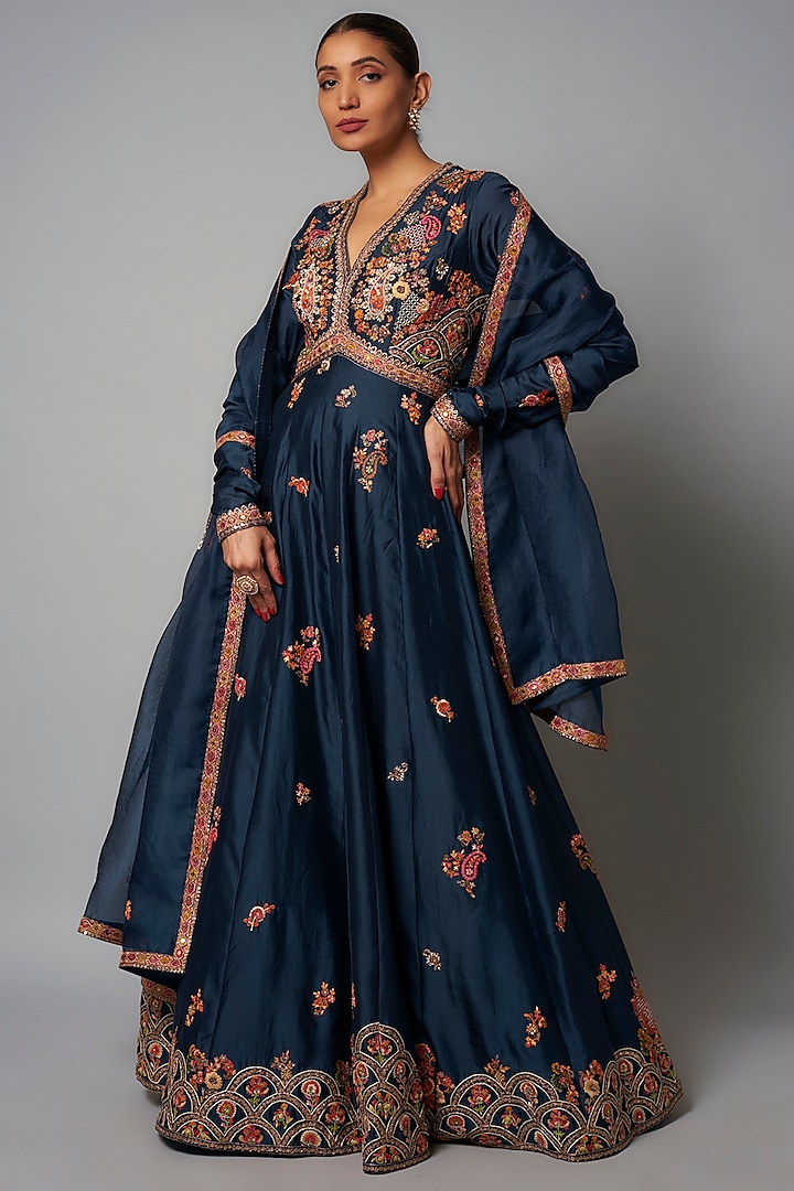 Blue Chanderi Hand & Machine Embroidered Anarkali Set by Petticoat Lane at Pernia's Pop Up Shop