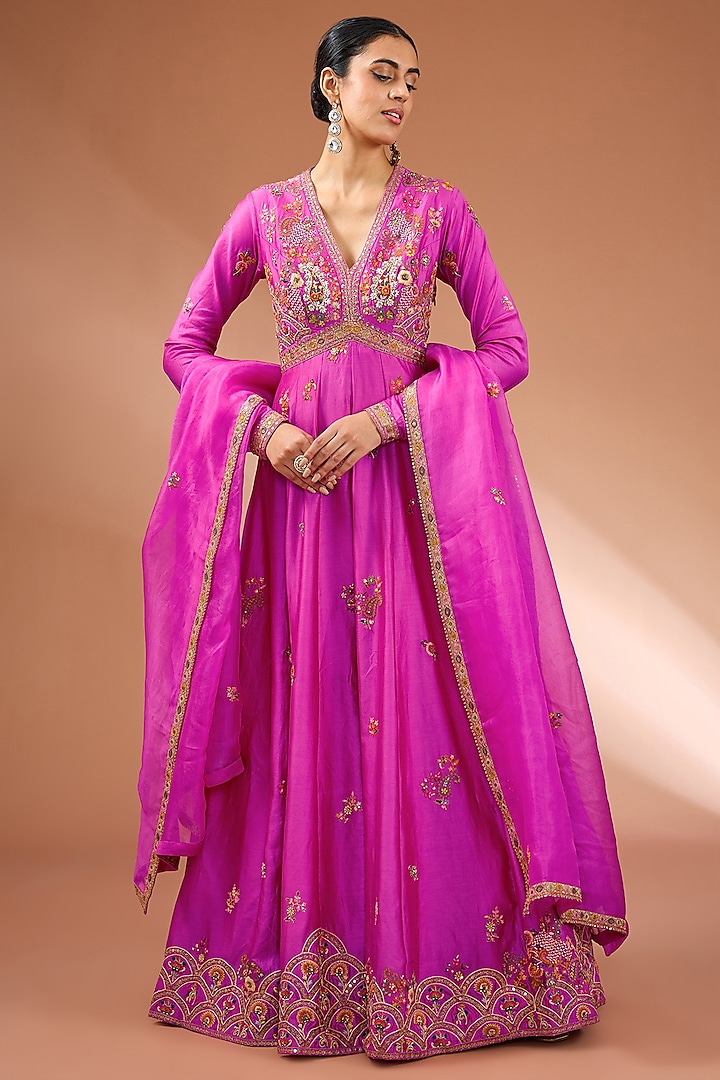 Pink Chanderi Crushed Kalidar Anarkali Set by Petticoat Lane at Pernia's Pop Up Shop