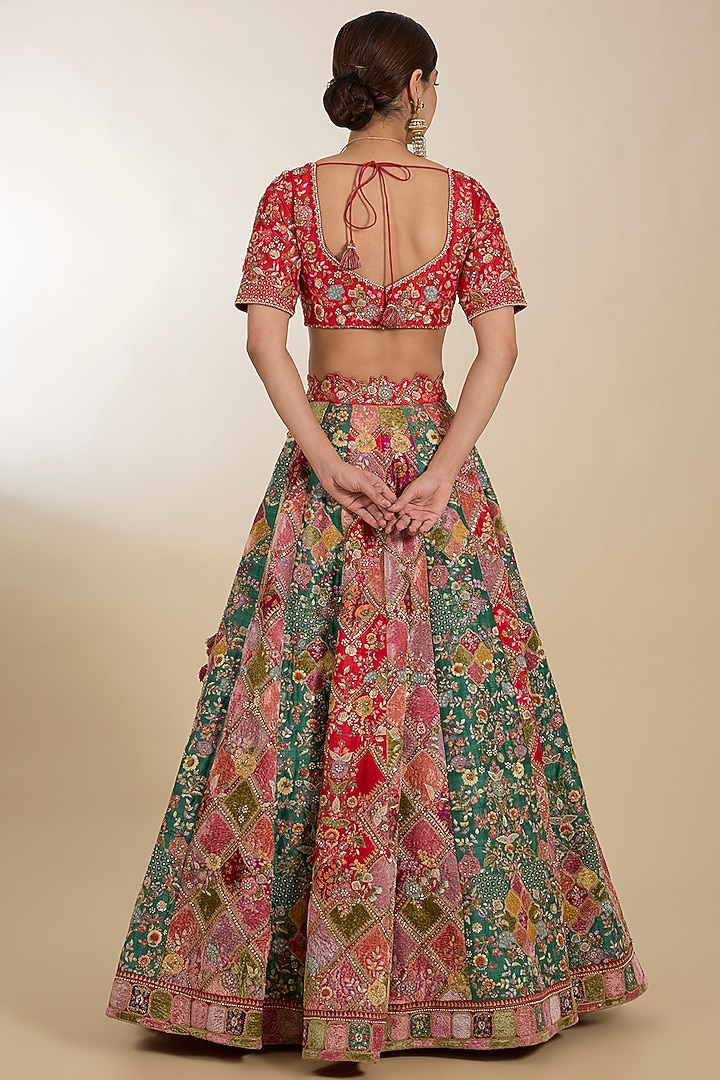 Multi-Colored Chanderi & Organza Patchwork Embroidered Bridal Lehenga Set by Petticoat Lane at Pernia's Pop Up Shop