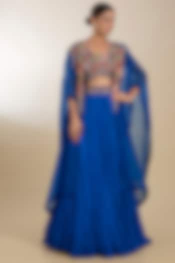 Blue Chanderi & Organza Patchwork Embroidered Cape Set by Petticoat Lane at Pernia's Pop Up Shop