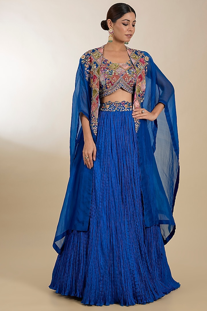 Blue Chanderi & Organza Patchwork Embroidered Cape Set by Petticoat Lane at Pernia's Pop Up Shop