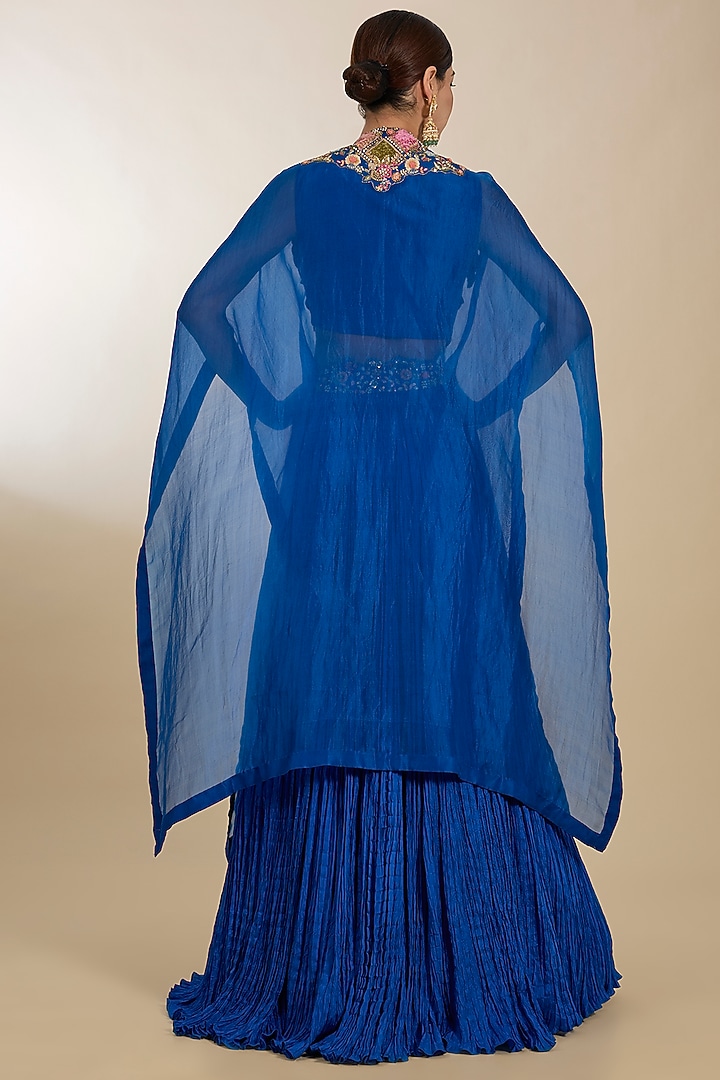 Blue Chanderi & Organza Patchwork Embroidered Cape Set by Petticoat Lane at Pernia's Pop Up Shop