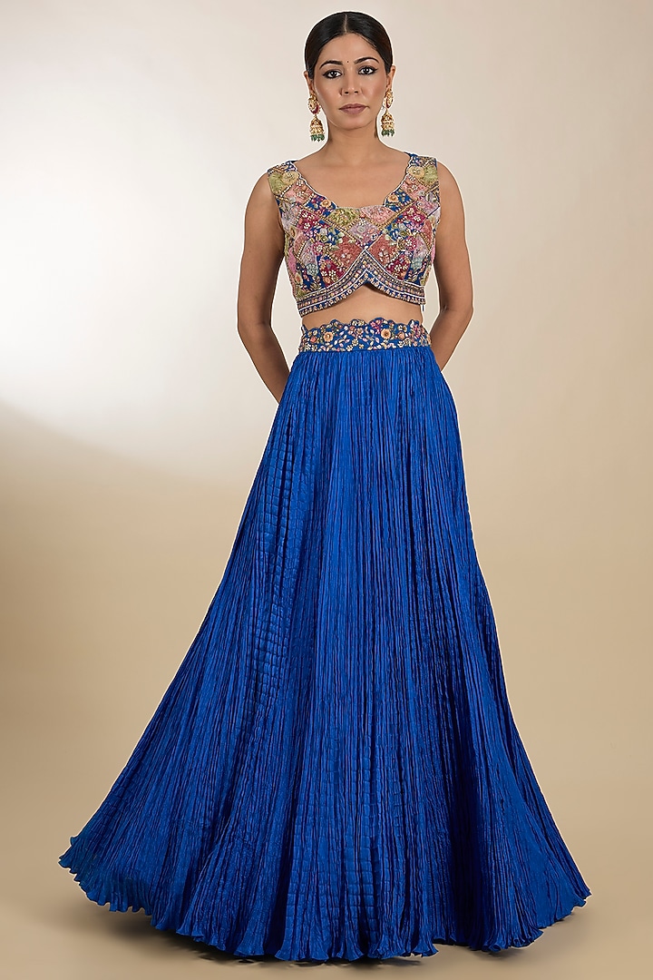 Blue Chanderi & Organza Patchwork Embroidered Cape Set by Petticoat Lane at Pernia's Pop Up Shop