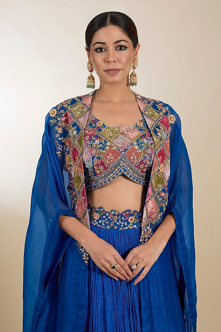 Blue Chanderi & Organza Patchwork Embroidered Cape Set by Petticoat Lane at Pernia's Pop Up Shop