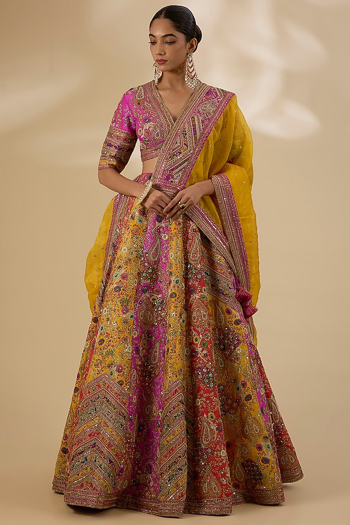 Multi-Colored Chanderi Embroidered Bridal Lehenga Set by Petticoat Lane at Pernia's Pop Up Shop