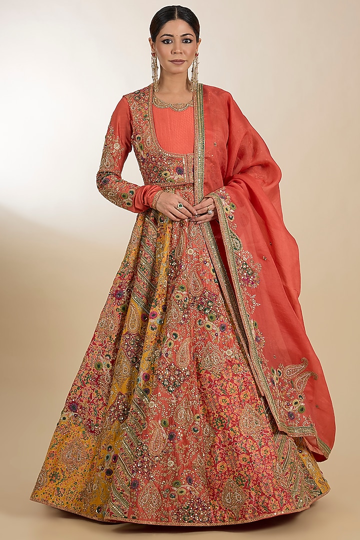Orange Chanderi Hand Embroidered Chevron Kalidar Bridal Anarkali Set by Petticoat Lane at Pernia's Pop Up Shop