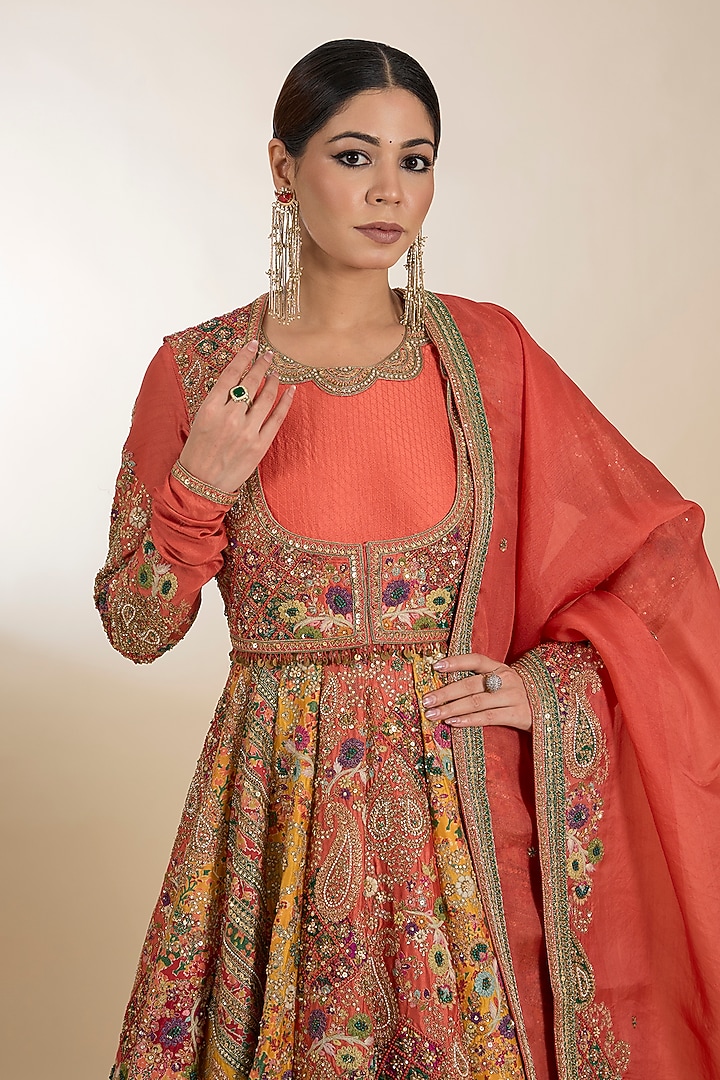 Orange Chanderi Hand Embroidered Chevron Kalidar Bridal Anarkali Set by Petticoat Lane at Pernia's Pop Up Shop