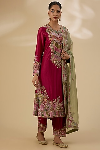 Red Chanderi Patchwork A-Line Kurta Set by Petticoat Lane