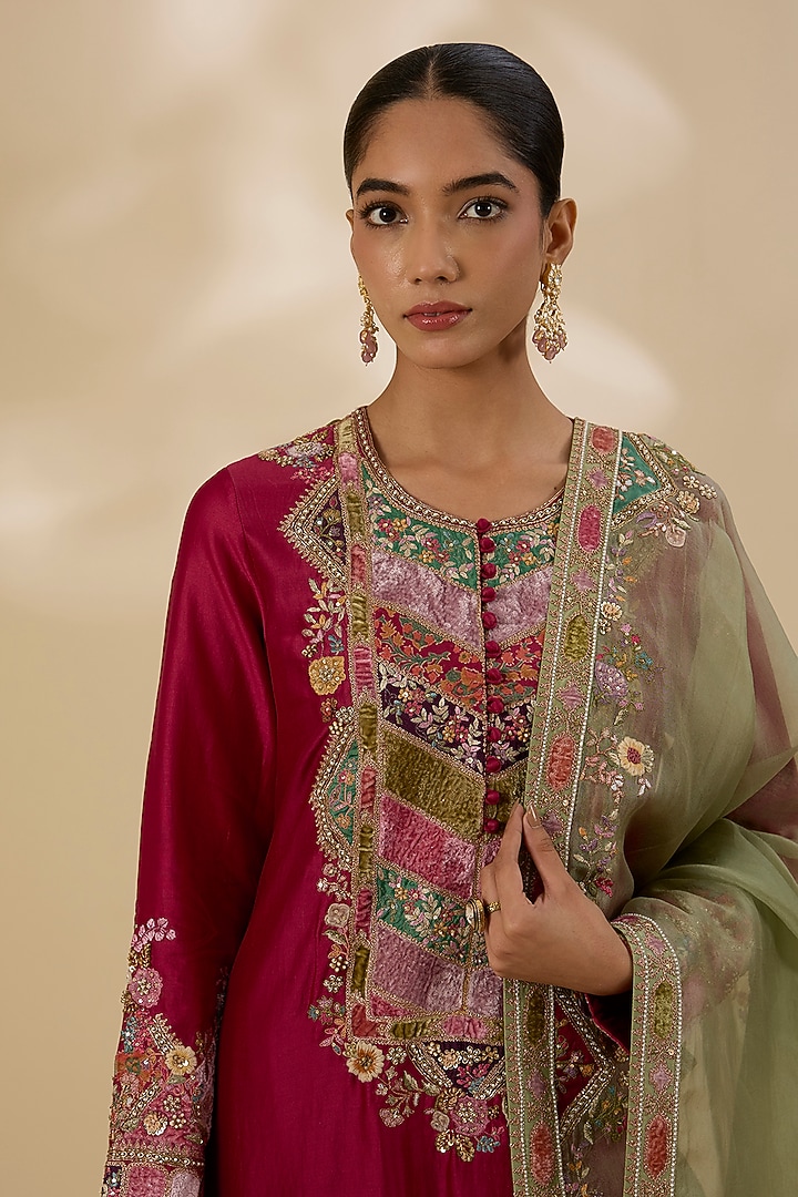 Red Chanderi Patchwork A-Line Kurta Set by Petticoat Lane at Pernia's Pop Up Shop