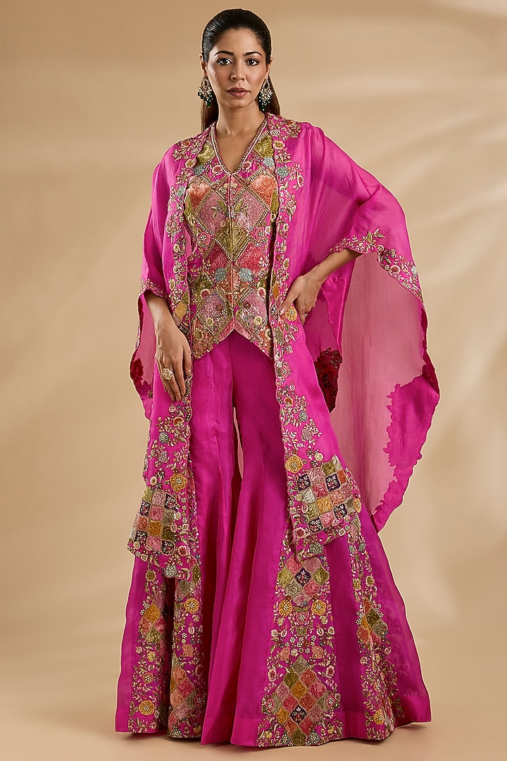 Fuchsia Pink Chanderi & Organza Patchwork Cape Set by Petticoat Lane at Pernia's Pop Up Shop