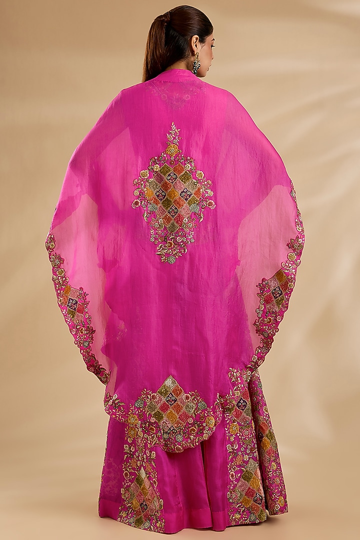 Fuchsia Pink Chanderi & Organza Patchwork Cape Set by Petticoat Lane at Pernia's Pop Up Shop