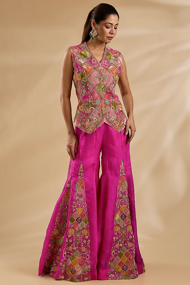 Fuchsia Pink Chanderi & Organza Patchwork Cape Set by Petticoat Lane at Pernia's Pop Up Shop