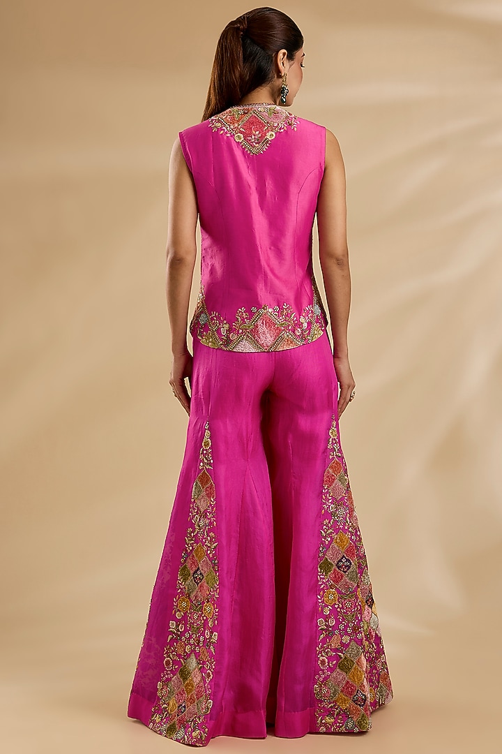 Fuchsia Pink Chanderi & Organza Patchwork Cape Set by Petticoat Lane at Pernia's Pop Up Shop