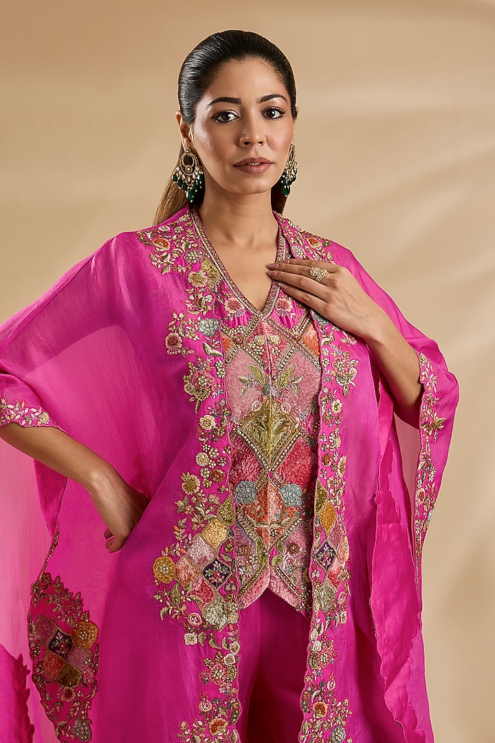 Fuchsia Pink Chanderi & Organza Patchwork Cape Set by Petticoat Lane at Pernia's Pop Up Shop
