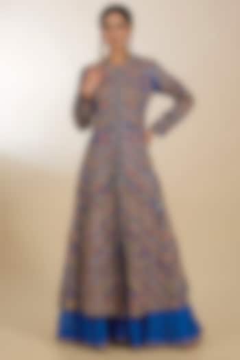 Blue Chanderi Patchwork Aari Embroidered Jacket Set by Petticoat Lane at Pernia's Pop Up Shop